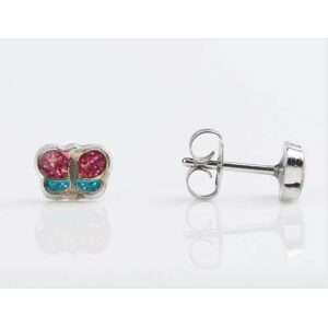 Studex Tiny Tips Stainless Steel 5mm Pink/Green Glitter Butterfly Earrings